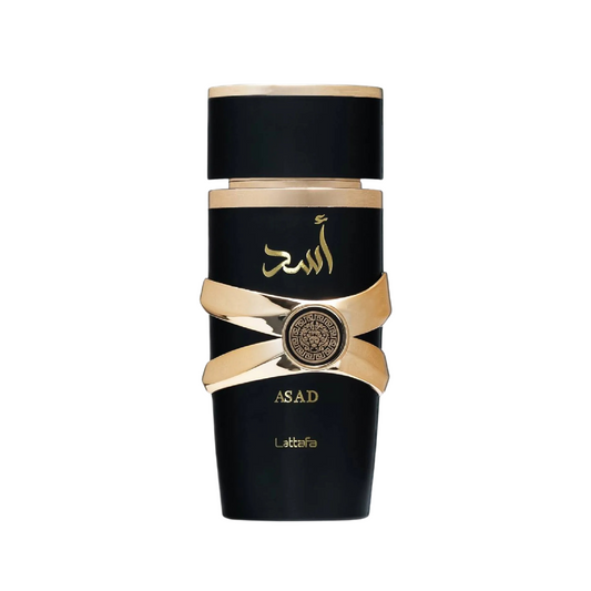 asad lattafa perfume black bottle with gold looking side grip