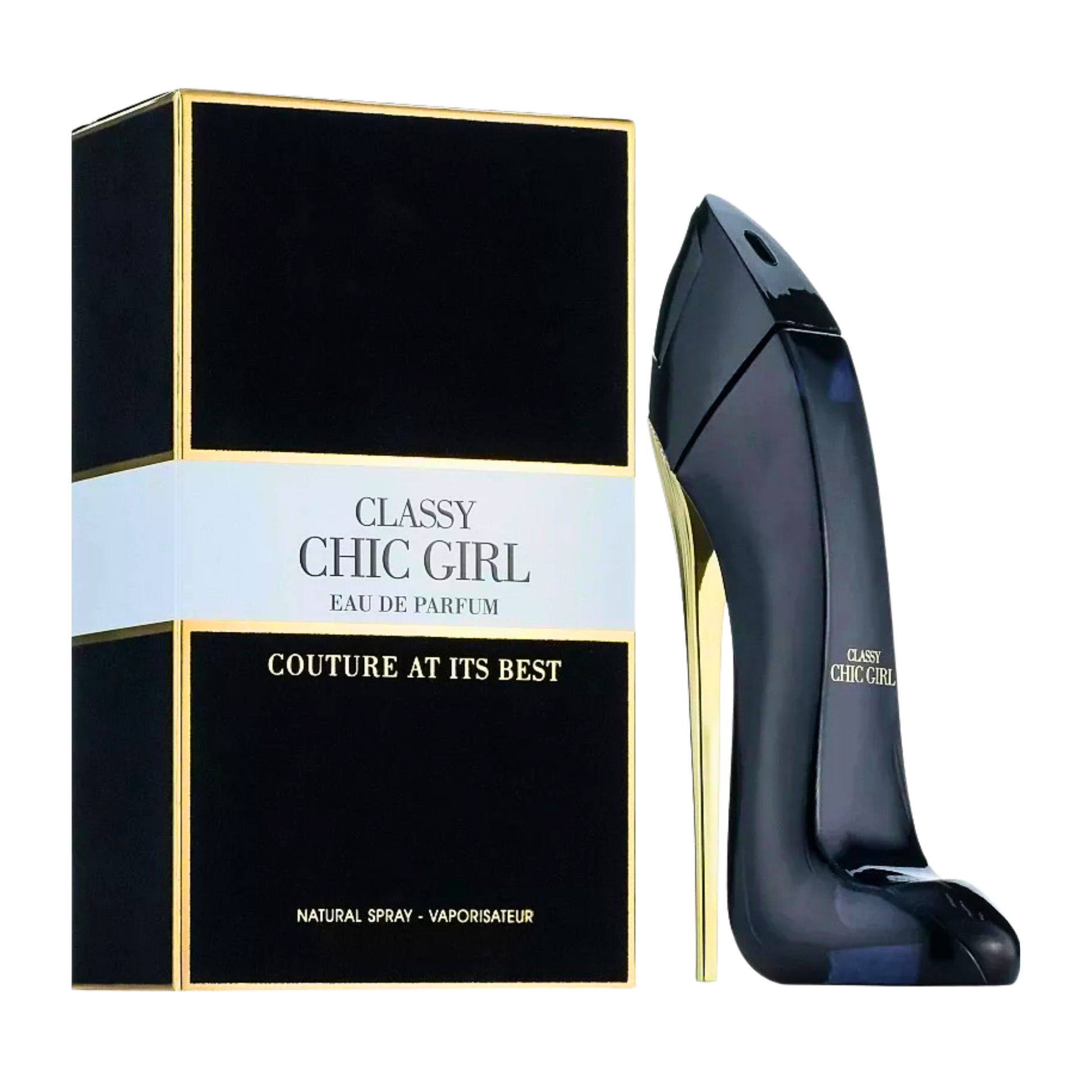 classy chic girl perfume by fragrance world bottle that looks like a shoe and the box of the perfume