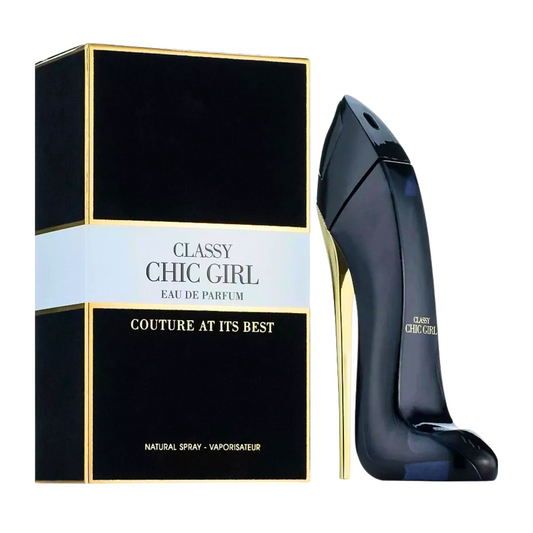 classy chic girl perfume by fragrance world bottle that looks like a shoe and the box of the perfume