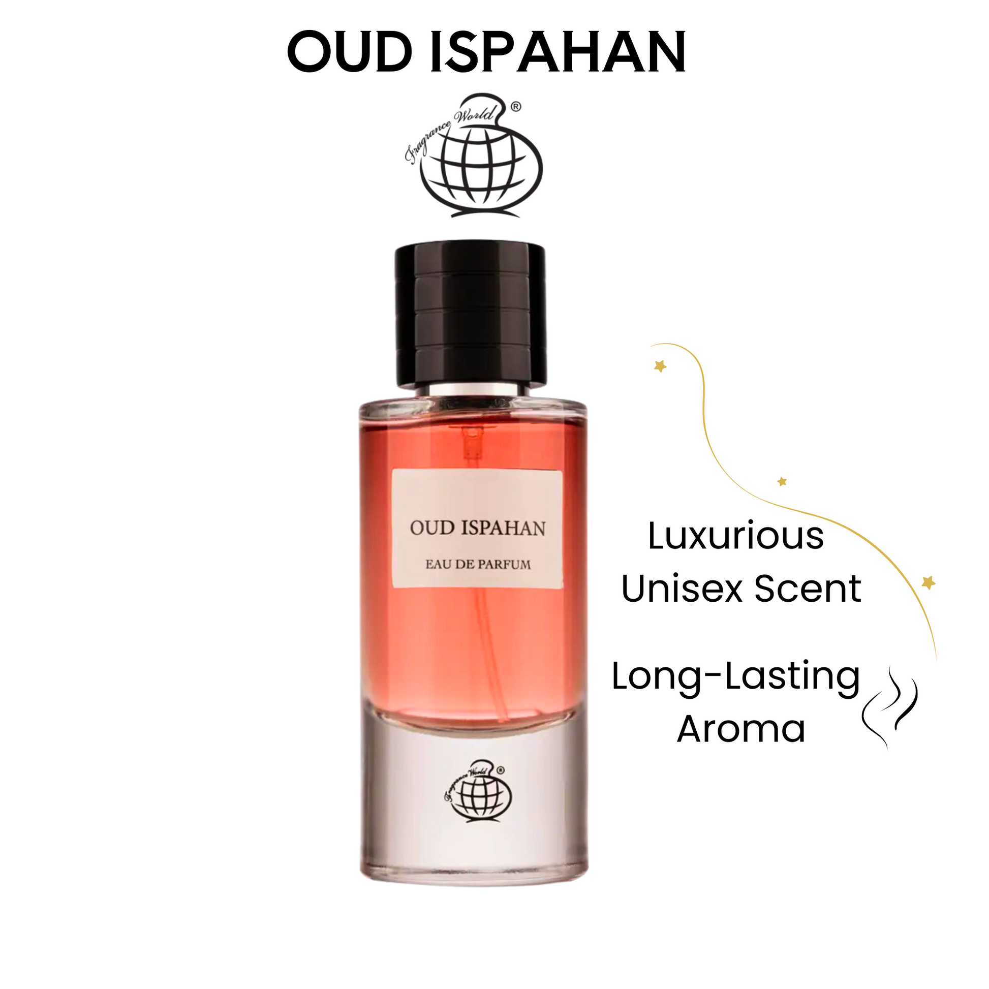 Front view of Oud Ispahan perfume bottle by Fragrance World, featuring a bold and elegant oriental scent