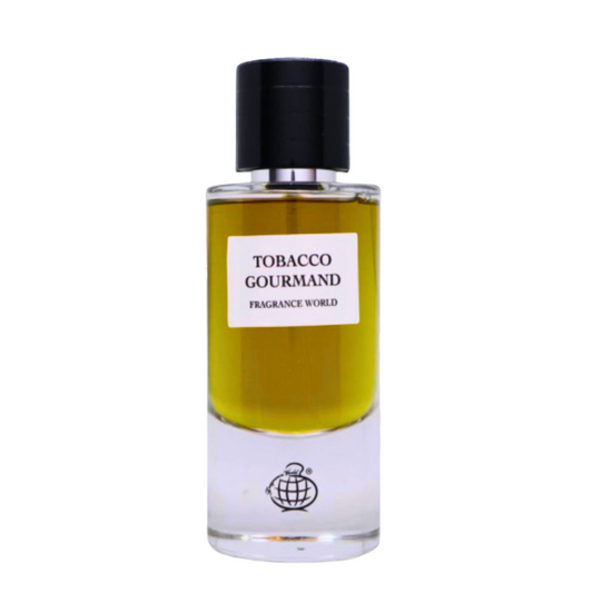 tabacco gourmand by fragrance world glass bottle front view with amber yellow liquid