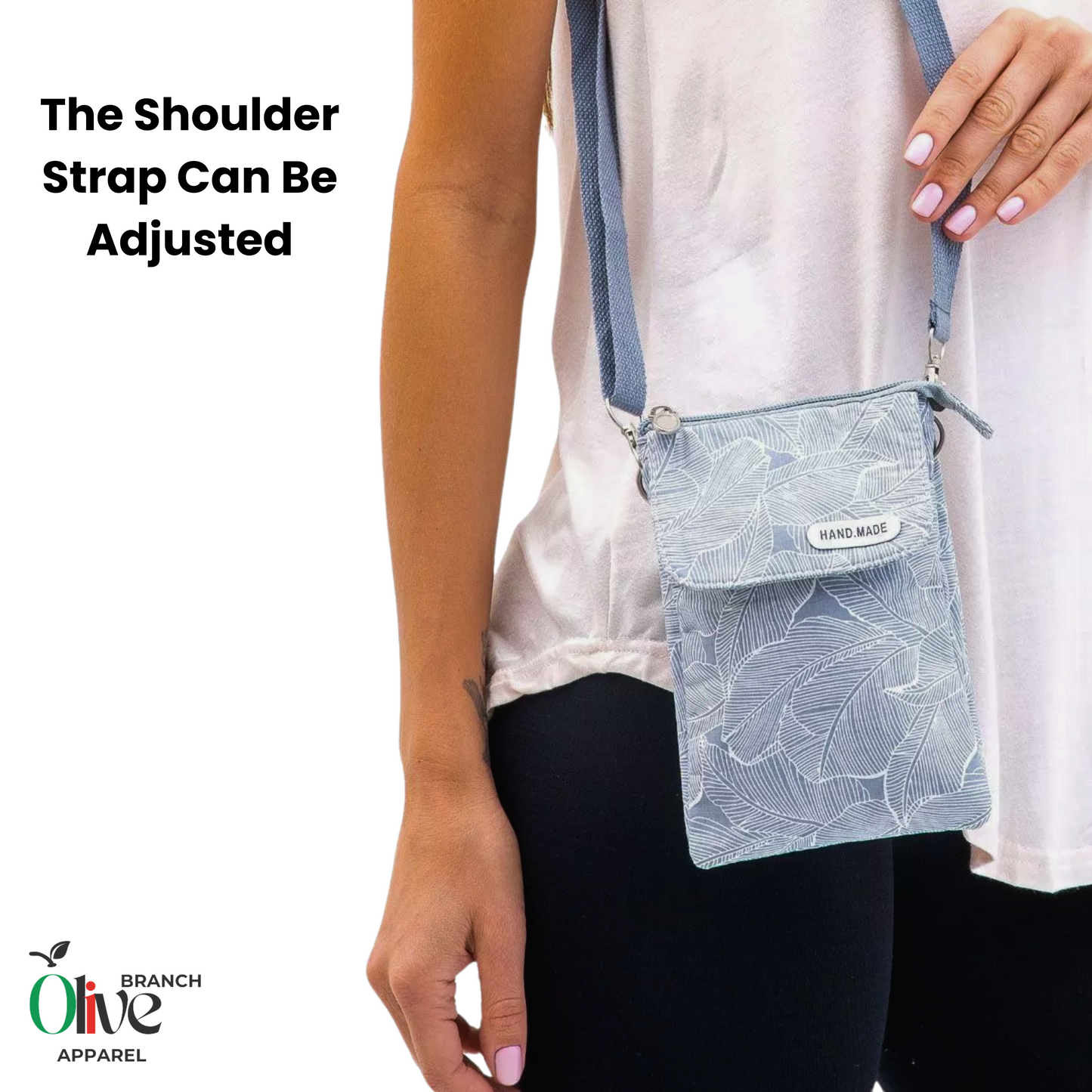 women wearing a crossbody floral design adjustable shoulder bag