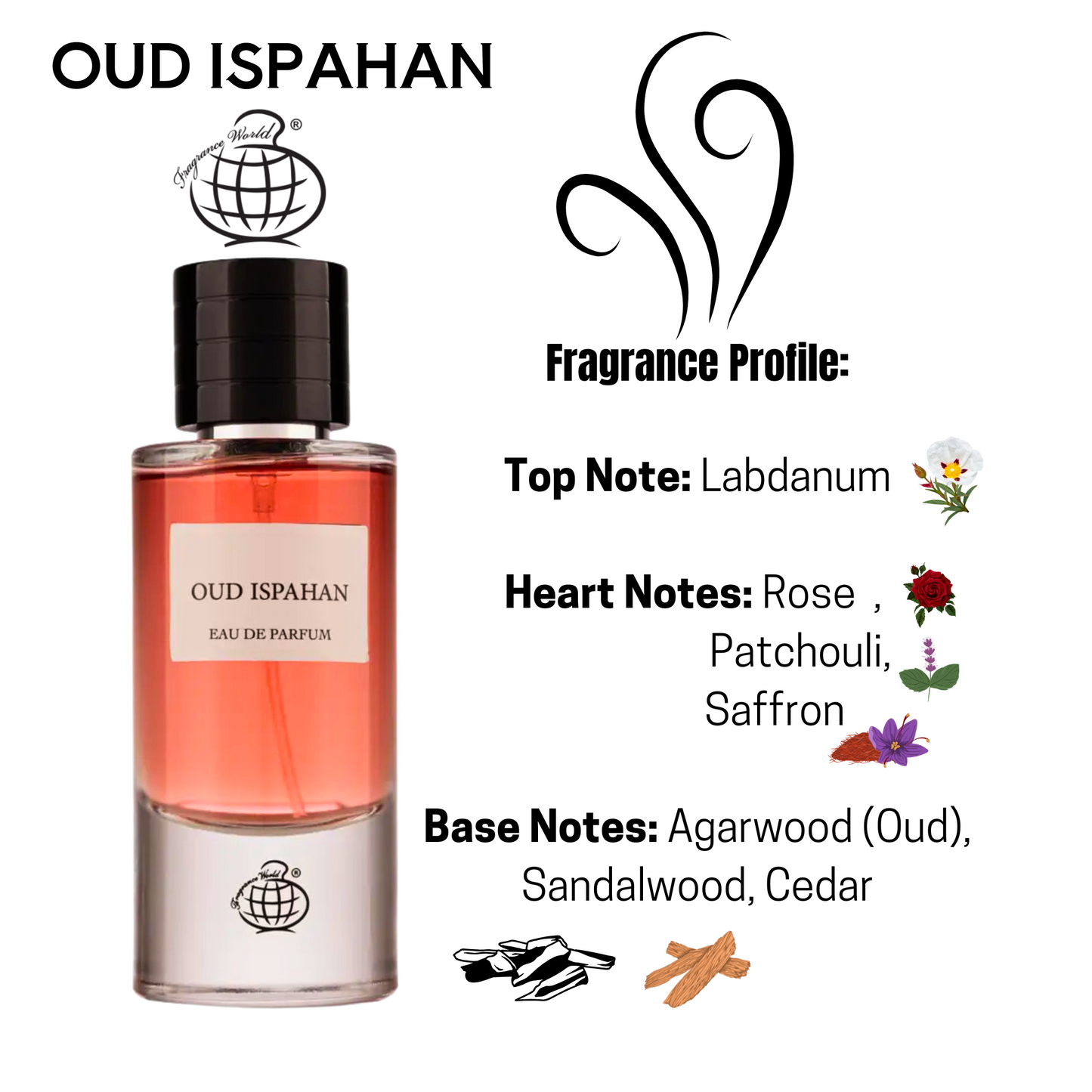 Front view of Oud Ispahan perfume bottle by Fragrance World, featuring scent profile