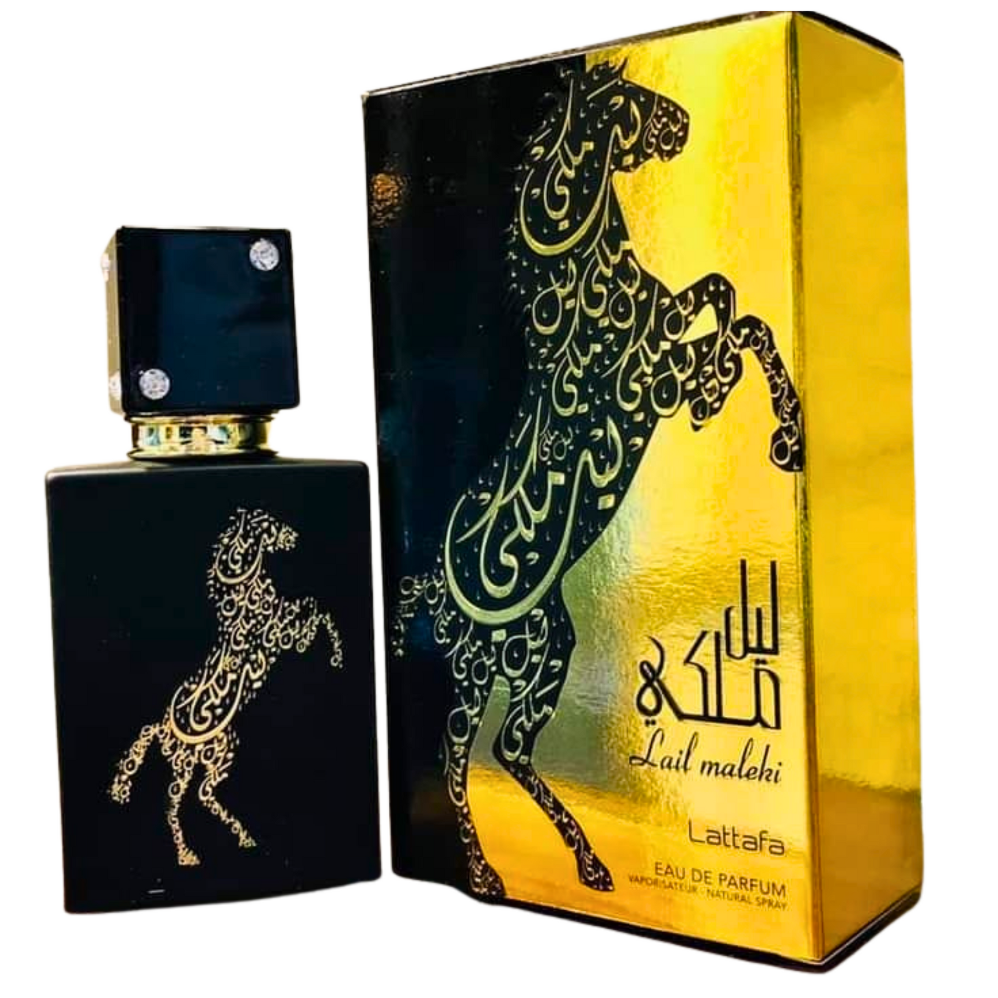 lail maleki by lattafah Perfume with Gold Black Box Side View