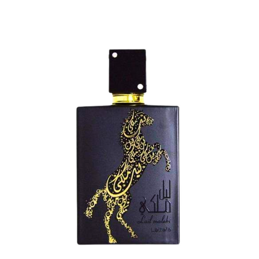 Front picture of lail maleki perfume by lataffah elegant black bottle design
