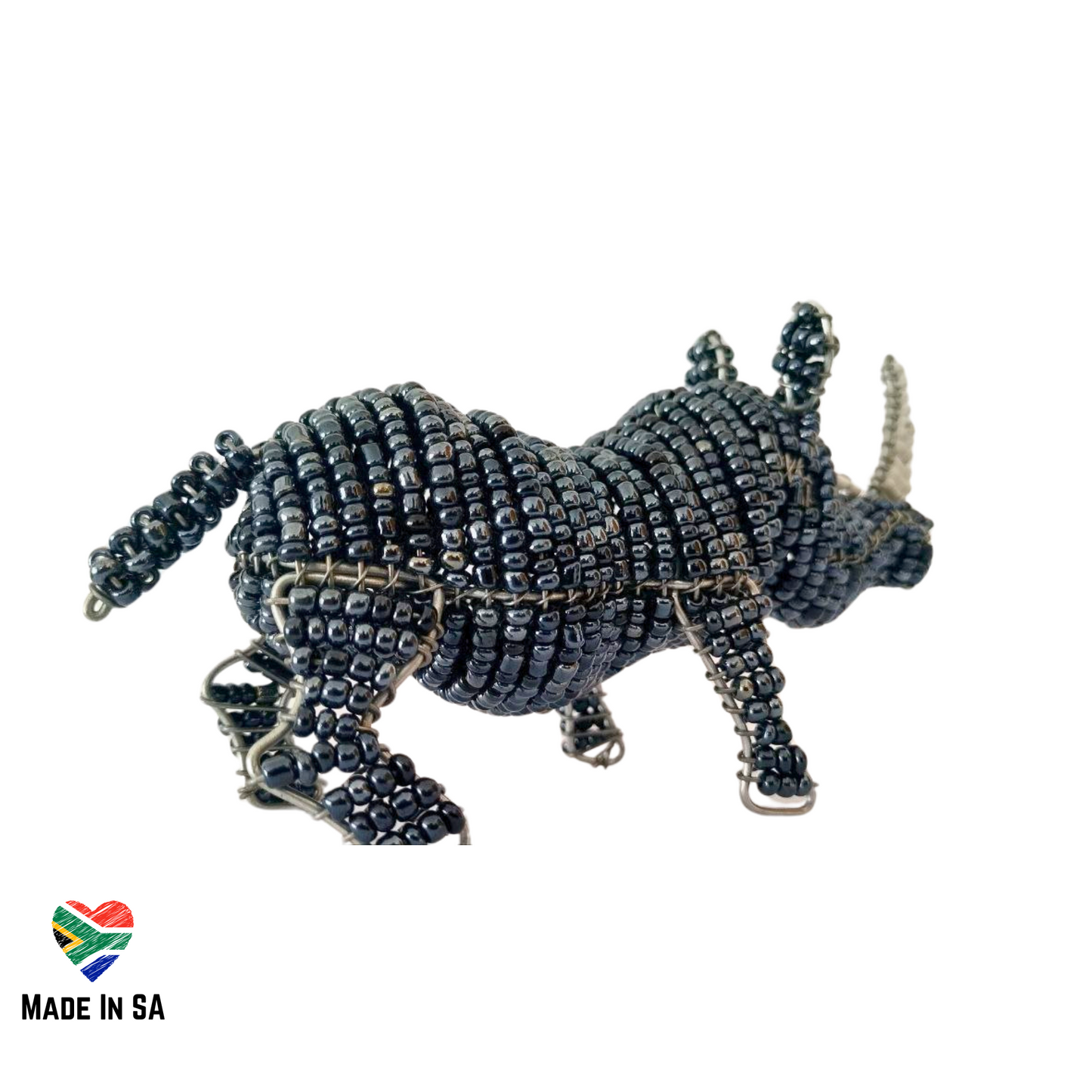 left side view of beaded wire rhino unique ornament standing