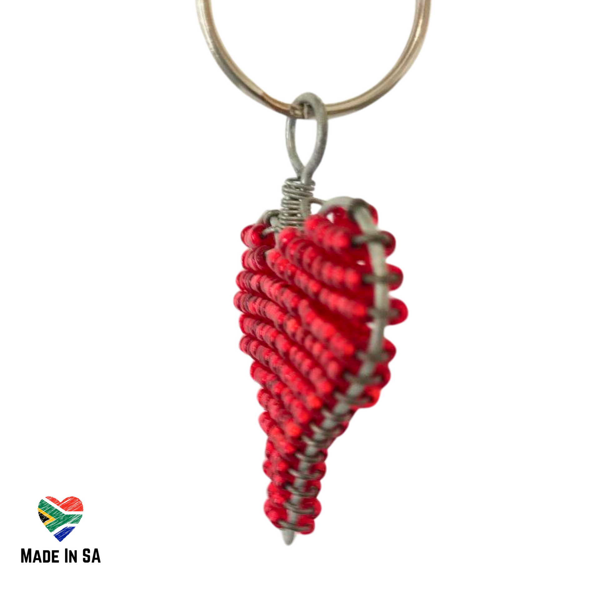 side view of Heart shape Keyring beaded with red beads in wire 