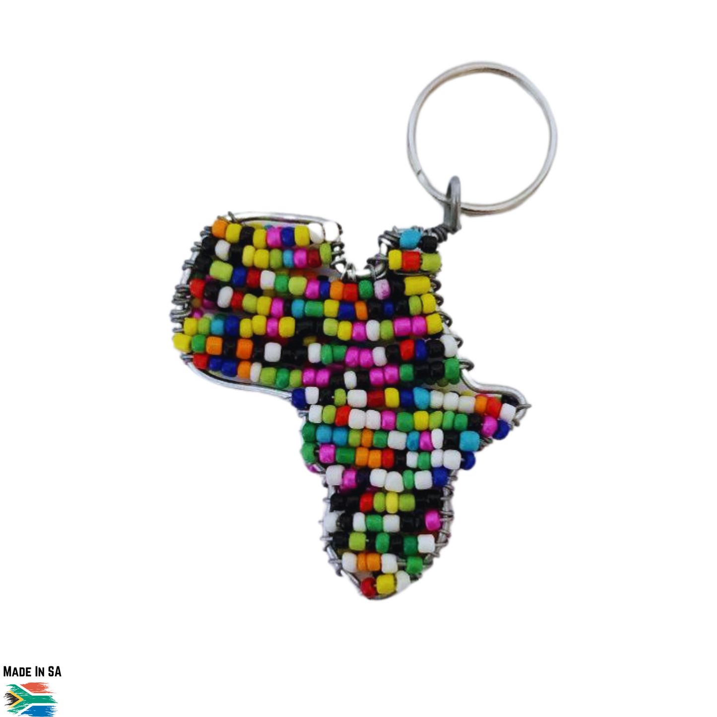 side view of africa keychain with multicolored beads