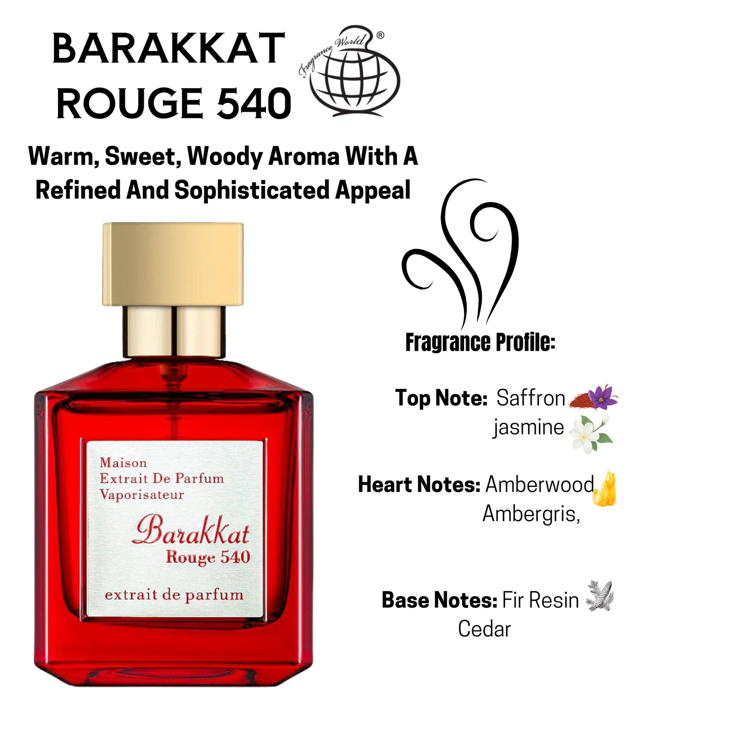 Barakkat Rouge 540 by Fragrance World front image with scent notes, revealing a sweet, woody, and saffron-rich aroma.